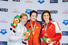 LEN SC - Dublin, IRLElena Bogomazova, RUS, 2ndSarah Poewe, GER, 1stMirna Jukic, AUT, 3rdWomen 100 Breast