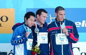2005 FINA World LC Championships100 Breast Medallists, MenKosuke Kitajima, 2nd, JPNBrendan Hansen, 1st, USAHugues Duboscq, 3rd, FRA